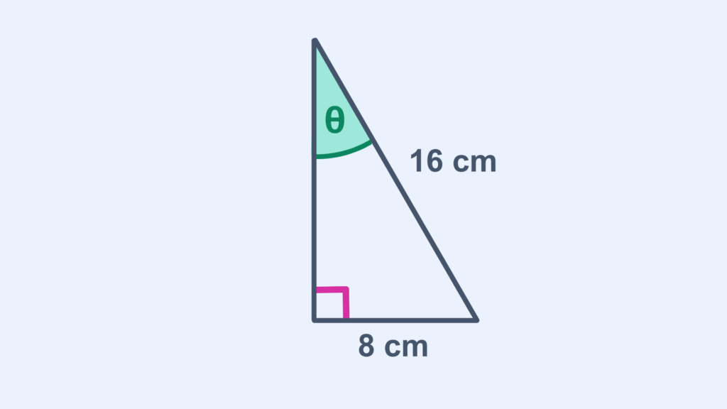 A right-angled triangle with sides measuring 8 cm and 16 cm, and an angle ? marked at the top.