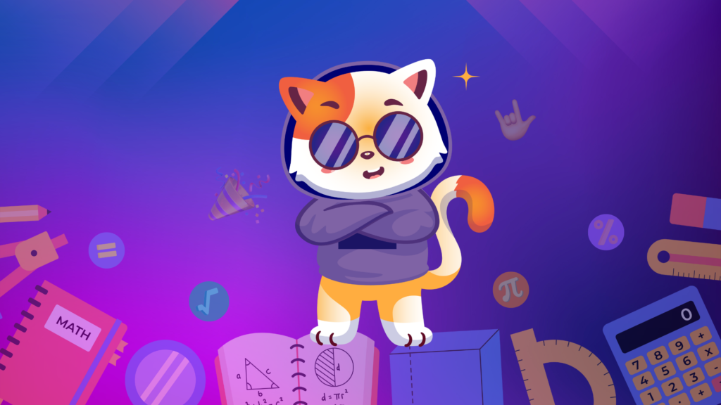 Cool cat mascot in sunglasses and a hoodie, surrounded by secondary school math tools like a calculator, protractor, math notebook, and geometric shapes, representing fun and engaging secondary maths learning on the Math Angel educational platform.