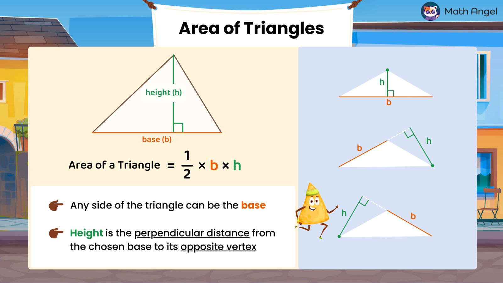 Diagram explaining the area of triangles formula 1/2 × b × h, examples of perpendicular height, and notes emphasising any side as base.