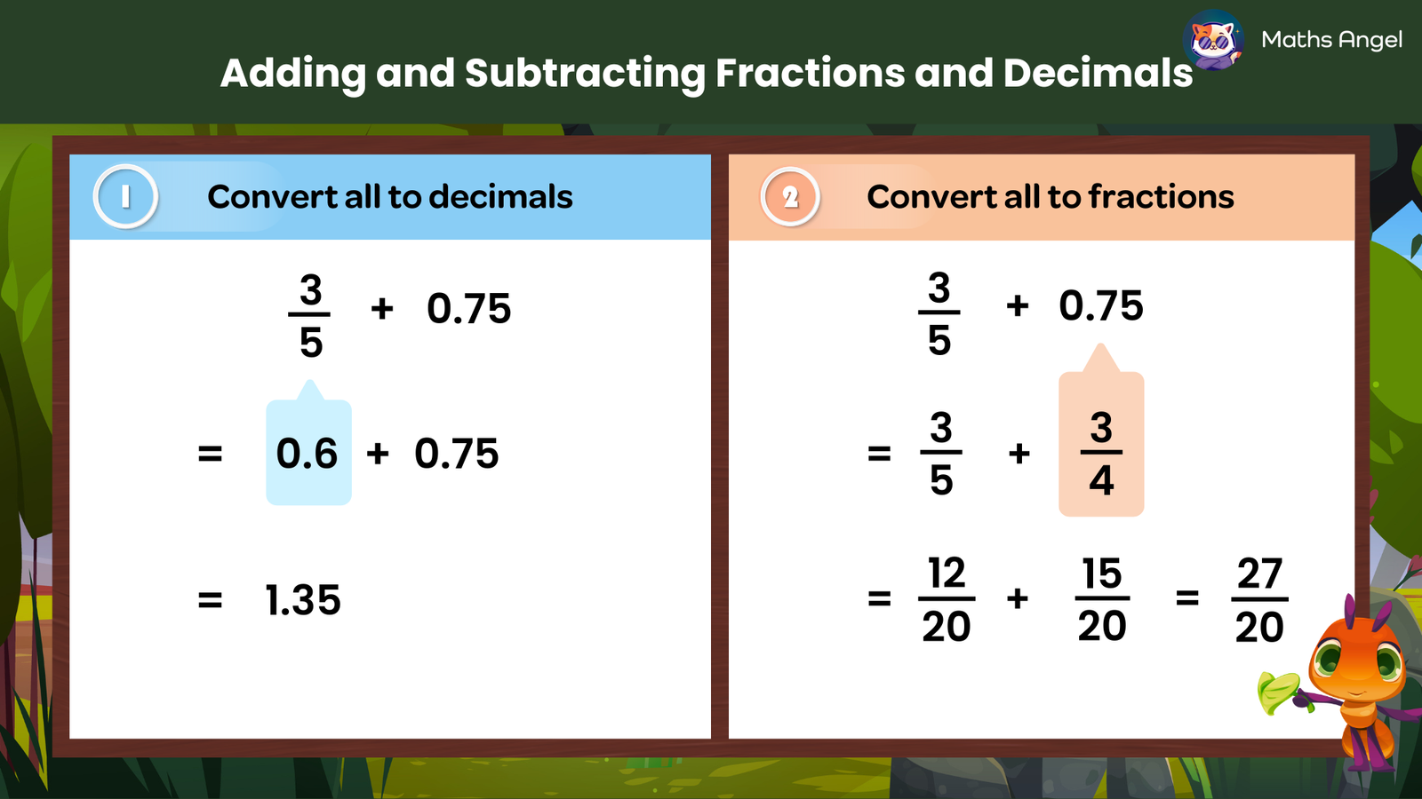 The addition and subtraction of fractions and decimals, demonstrating both methods with worked-out solutions using 2.5 + 1/4 and 3/5 - 1.2.