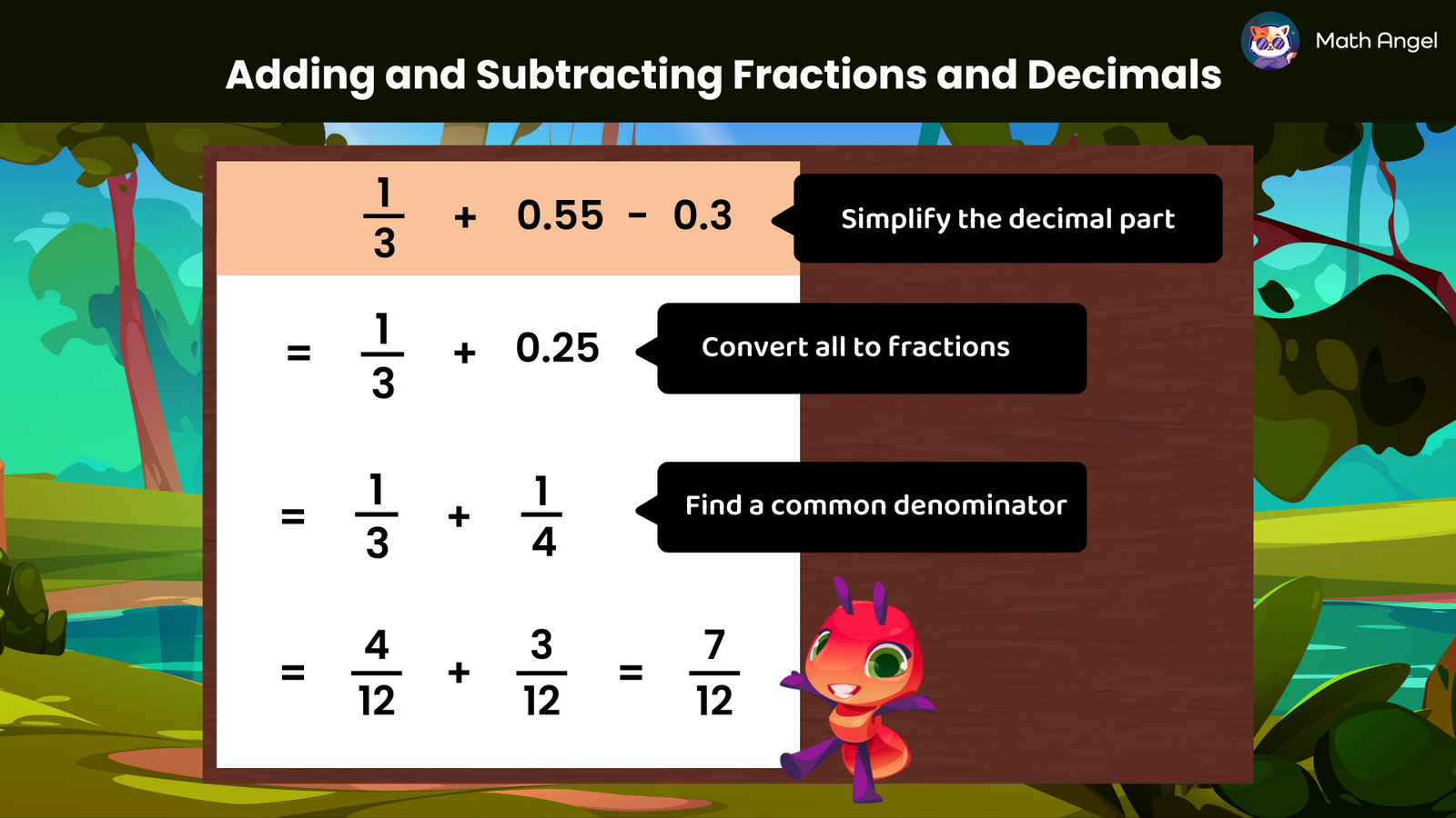 Adding and subtracting fractions and decimals with step-by-step conversion of decimals to fractions, finding a common denominator, and solving for the sum.