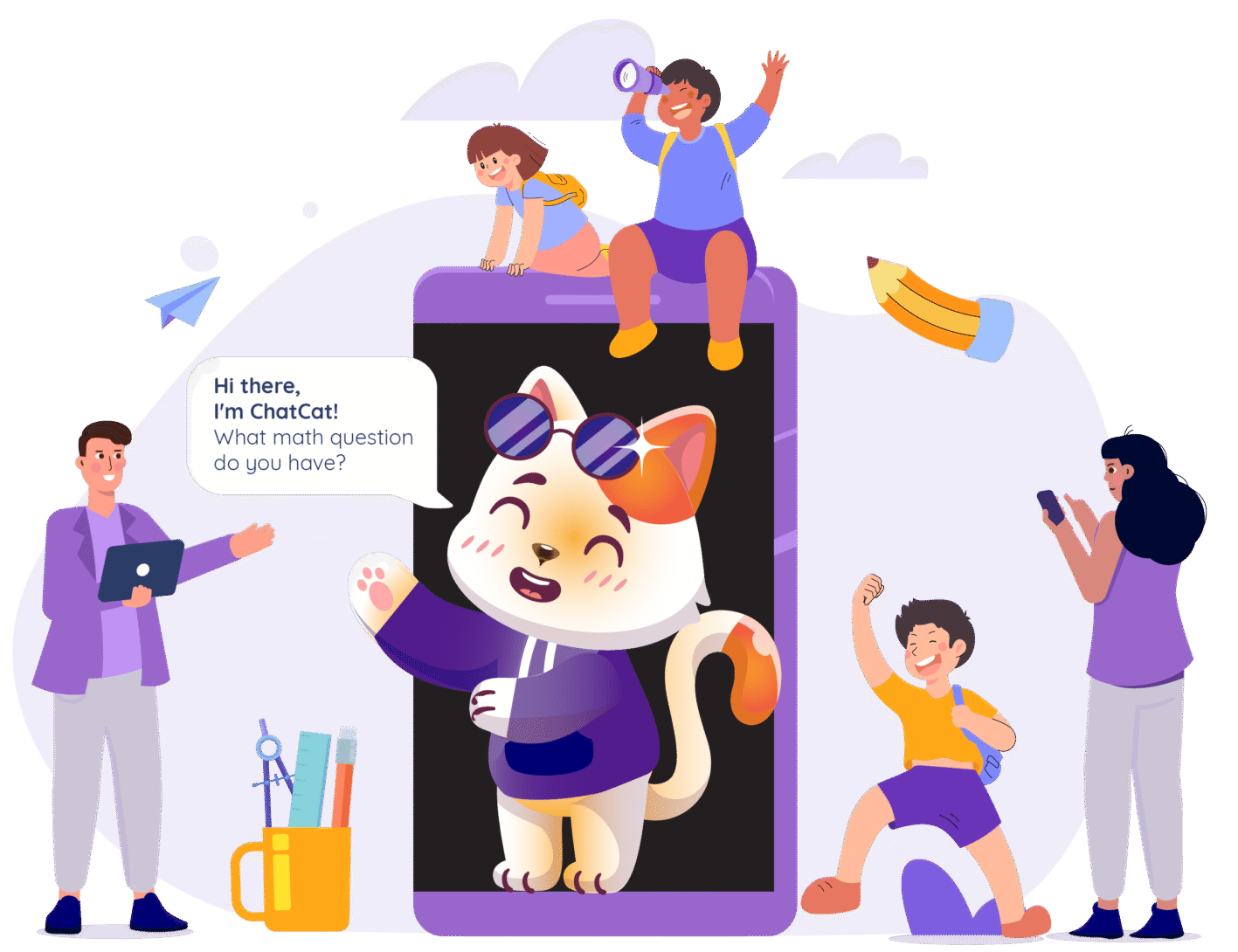 Math Angel ChatCat mascot coming out from a phone screen, welcoming students, parents, and teachers, with math learning tools nearby.