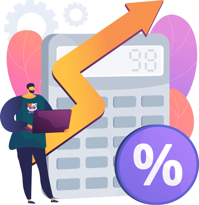 Illustration of a person using a percentage calculator with a per cent symbol, representing online math tools and calculators by Math Angel.