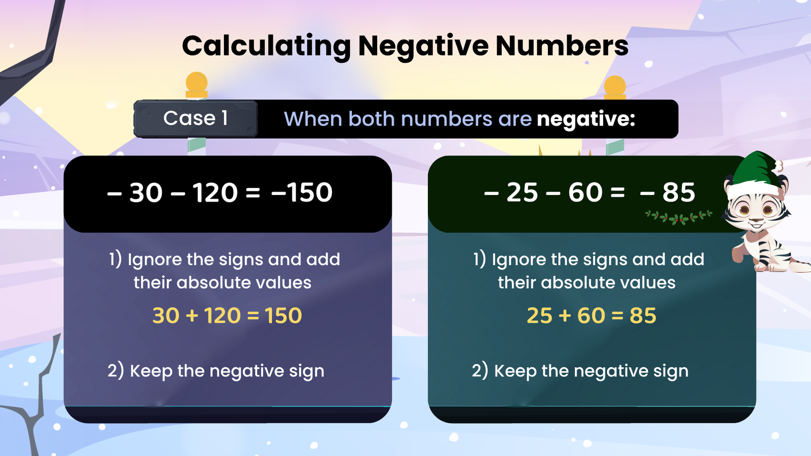 Absolute value calculation when both numbers are negative, e.g., –30 – 120 = –150, by adding absolute values and keeping the negative sign.