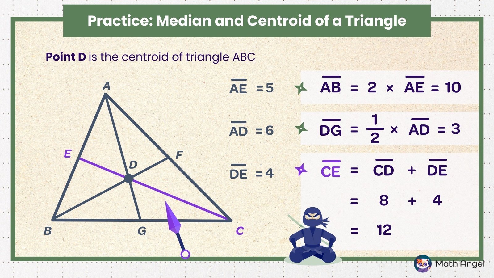 The median and centroid of a triangle apply to the problem.