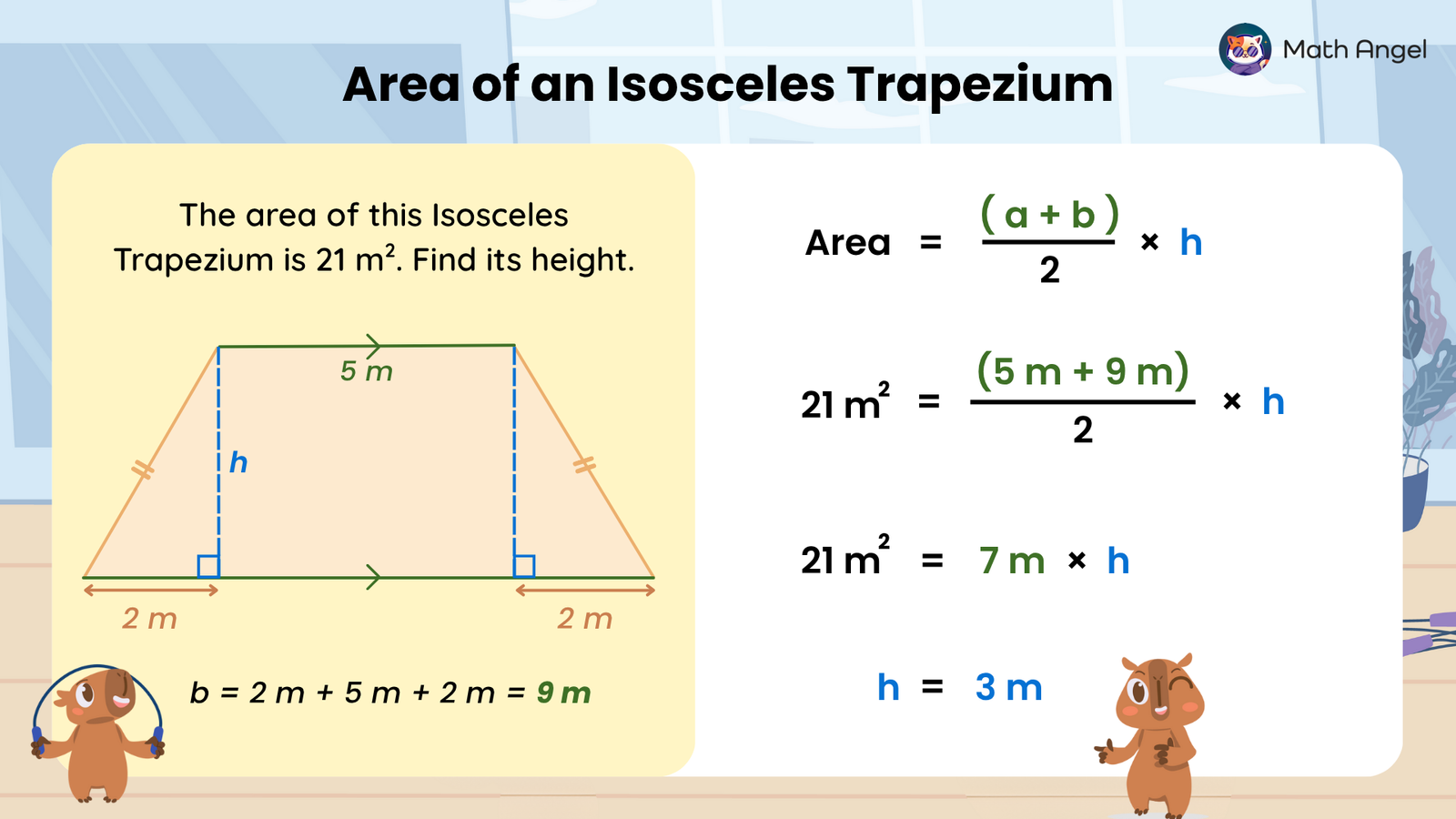 Area calculation of an isosceles trapezium with bases 5 m and 9 m, total area 21 m², showing height calculated as 3 m.