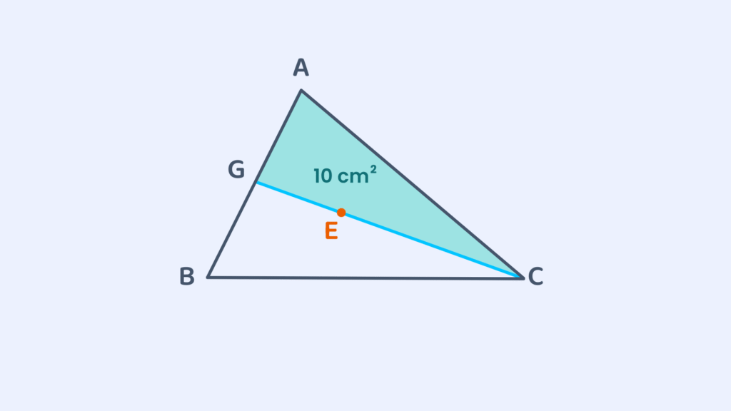 Triangle ABC with shaded triangle AGC, area 10 cm², and point E marked on median GC.