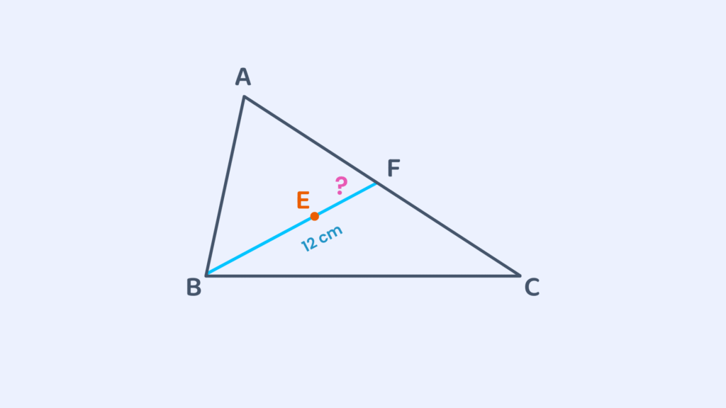 Triangle ABC with median BF, point E on BF and BF = 12 cm, unknown length from E to F shown with a question mark.
