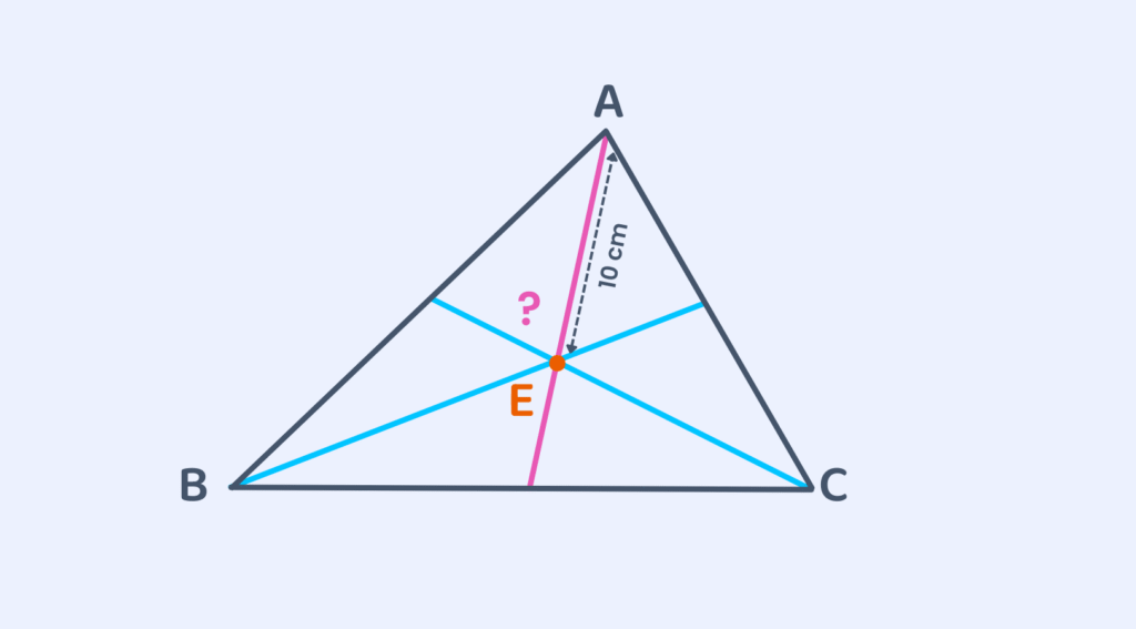 Triangle ABC with medians intersecting at E, AE marked 10 cm with unknown length from E to midpoint of BC shown in pink.