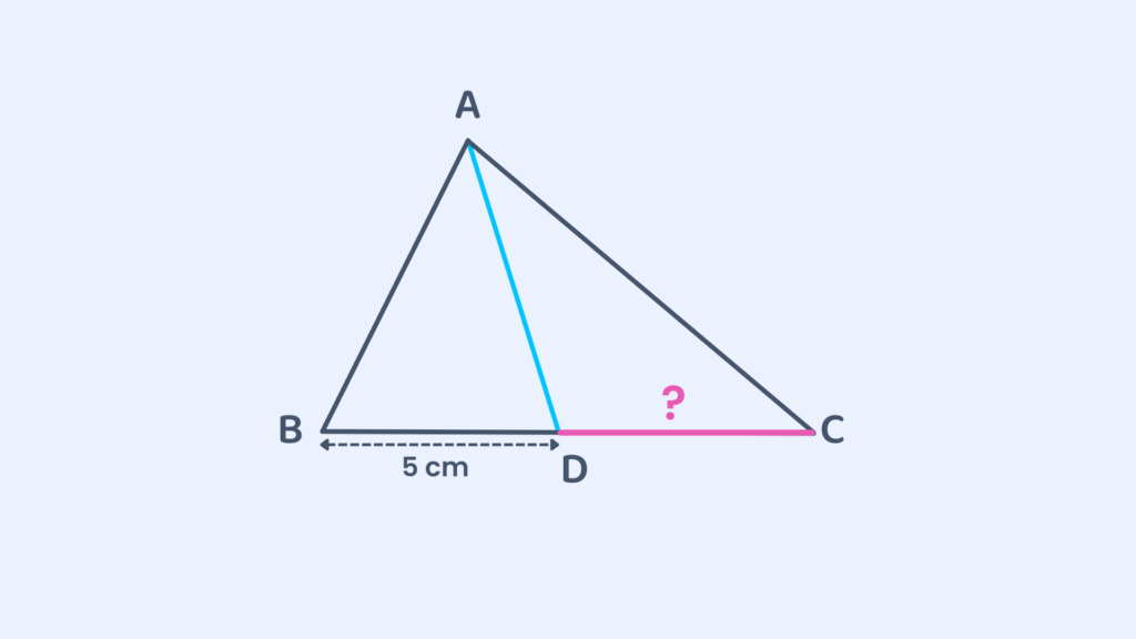 Triangle ABC with median AD, point D on base BC dividing it into 5?cm and unknown length marked with a question mark.