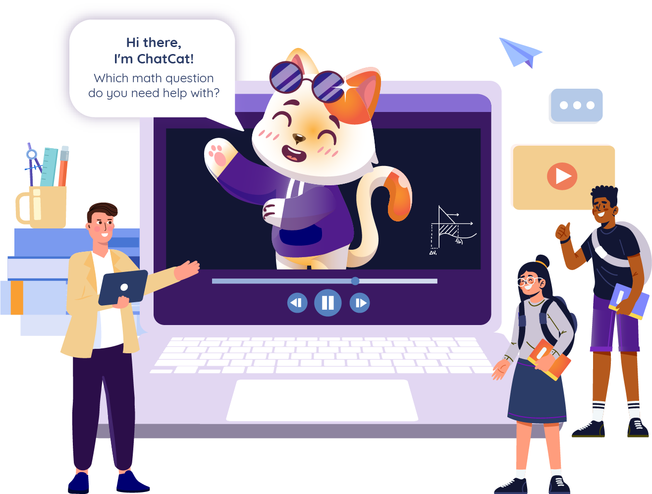 Illustration of ChatCat, Math Angel's AI maths tutor, interacting with students through a laptop screen, while teachers and teenage students engage with math learning materials around it.