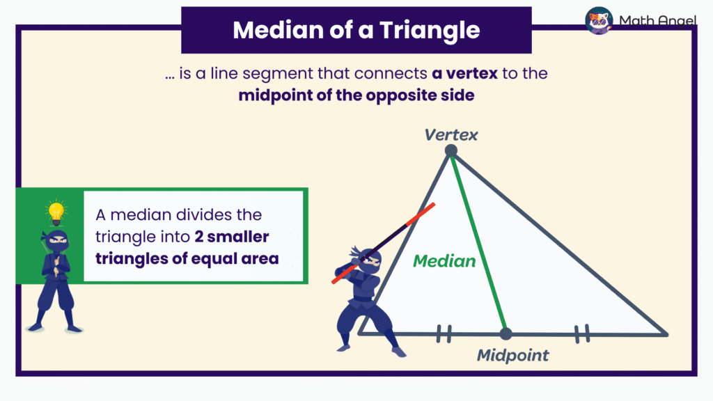 The definition of a median of a triangle is that it connects a vertex to the midpoint of the opposite side, dividing it into two equal-area triangles.