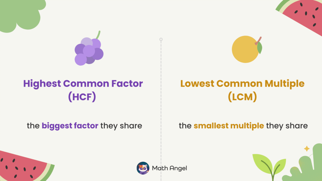 Explanation that HCF is the biggest factor shared and LCM is the smallest multiple shared.