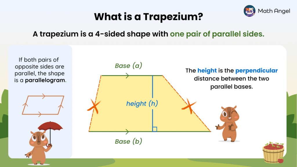 Trapezium definition diagram showing bases, height, and difference from a parallelogram.