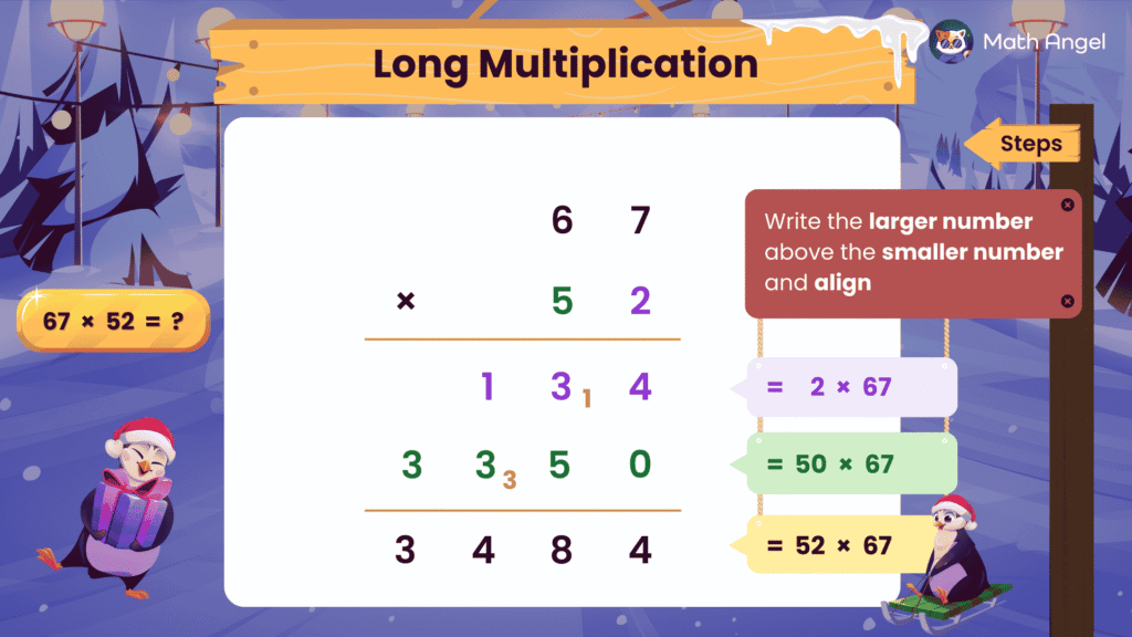Long multiplication of 67 by 52 broken into steps, showing partial products and final answer 3484.