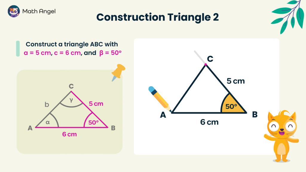 Constructing a triangle ABC with sides 5 cm and 6 cm, and angle 50°, including labelled diagram.