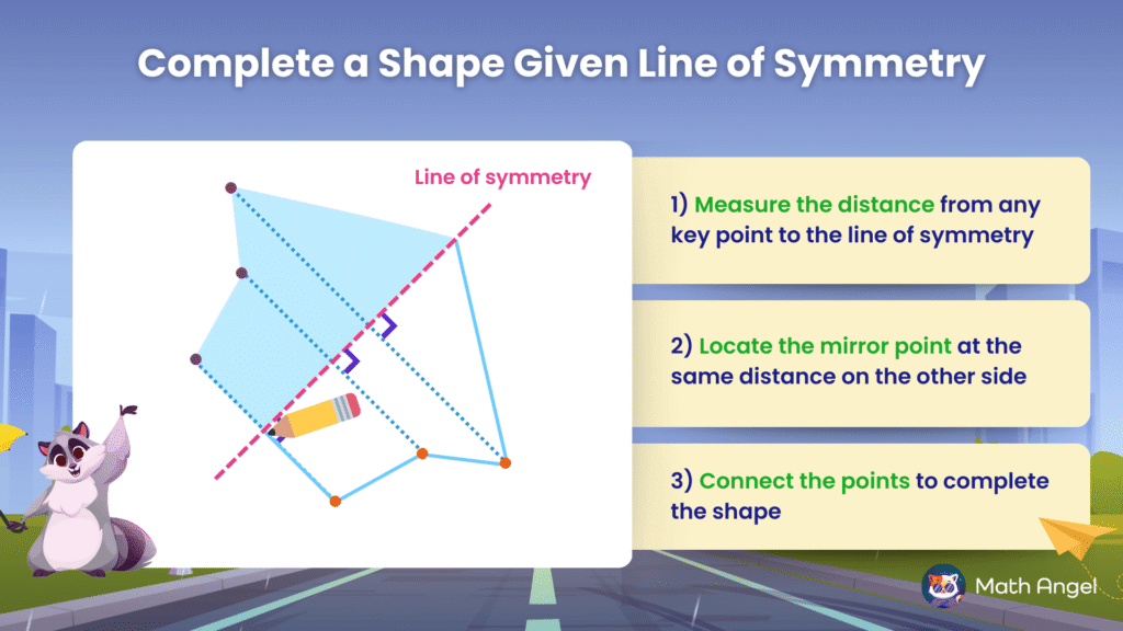 Step-by-step guide on completing a shape using a line of symmetry, showing the instructions to measure, locate, and connect key points.