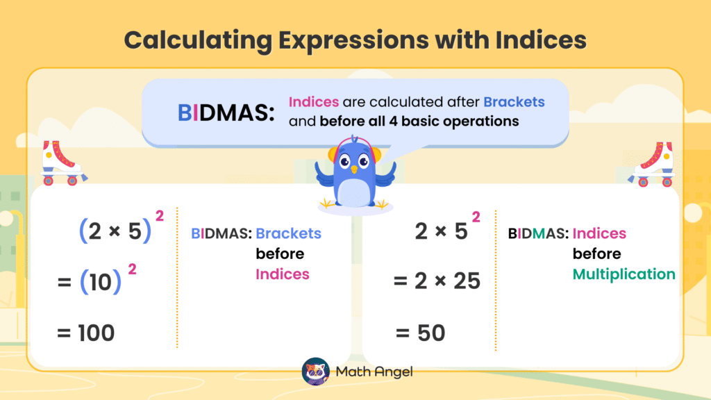 BIDMAS calculation rules with indices shown by comparing (2 × 5)^2 and 2 × 5^2, resulting in 100 and 50 respectively.
