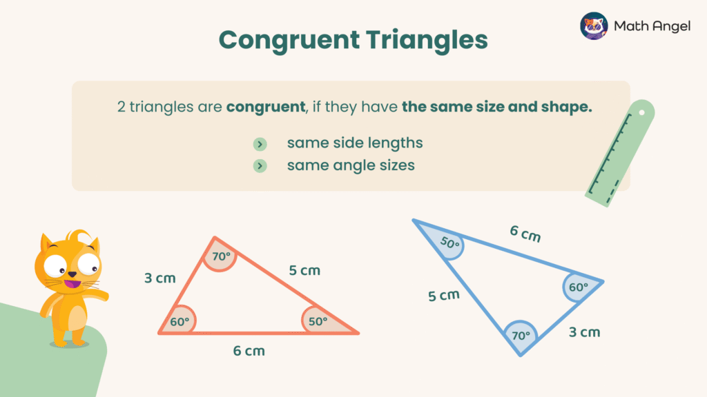 Congruent triangles criteria with examples showing two triangles with same side lengths and angle sizes.
