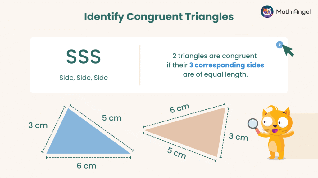 Identifying congruent triangles using SSS (side, side, side) criteria with two triangles both having sides of 3 cm, 5 cm, and 6 cm.