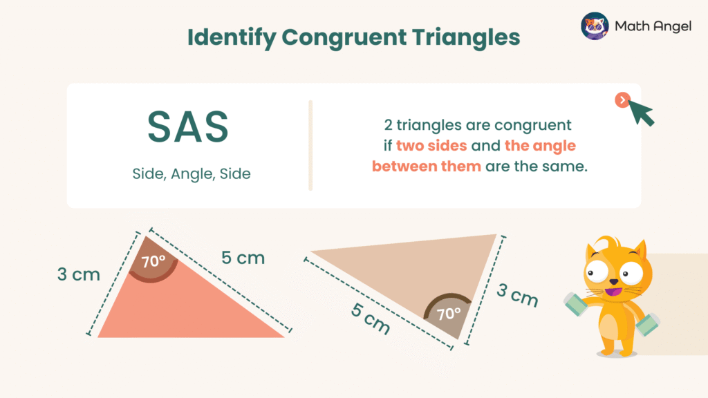 Identifying congruent triangles using SAS (Side, Angle, Side) rule with two triangles having sides of 3 cm, 5 cm, and an included angle of 70 degrees.