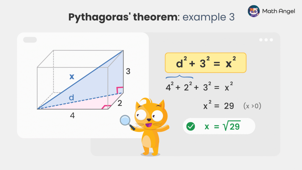 3D Pythagoras theorem example in a cuboid: x² = 4² + 2² + 3², giving diagonal length x = ?29.