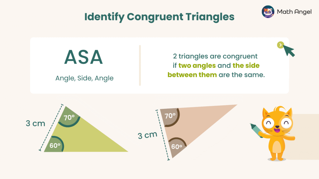 Identifying congruent triangles using ASA (Angle, Side, Angle) with two example triangles showing two angles and the included side as the same.