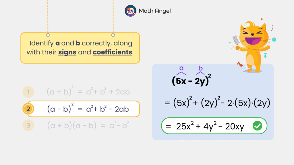 Expanding the binomial (5x - 2y)² using the formula (a - b)² = a² + b² - 2ab, resulting in 25x² + 4y² - 20xy.
