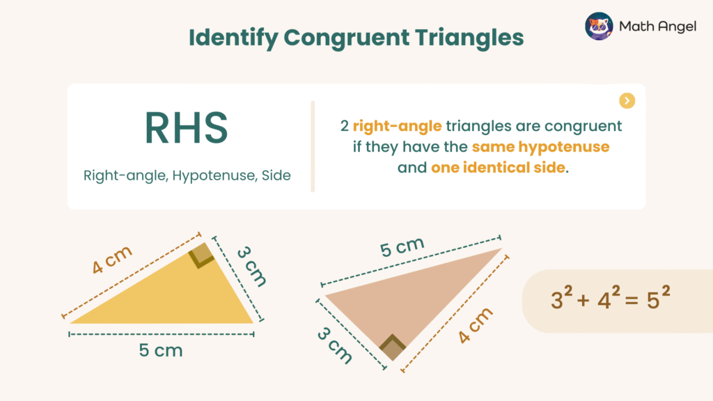 Identifying congruent triangles using RHS criteria with examples of right-angle triangles having the same hypotenuse and one identical side.