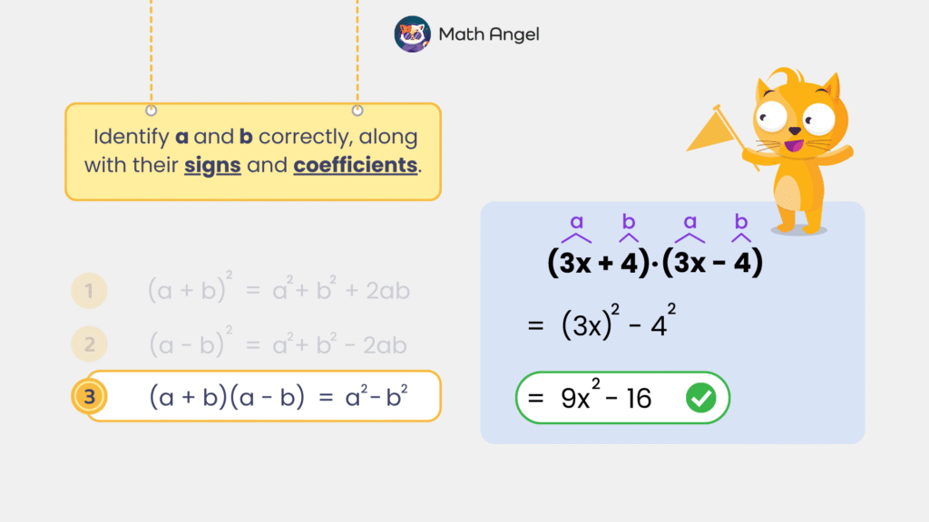 Identifying variables a and b with signs and coefficients in the formula (a + b)(a - b) = a² - b², using (3x + 4)(3x - 4) = 9x² - 16 as an example.