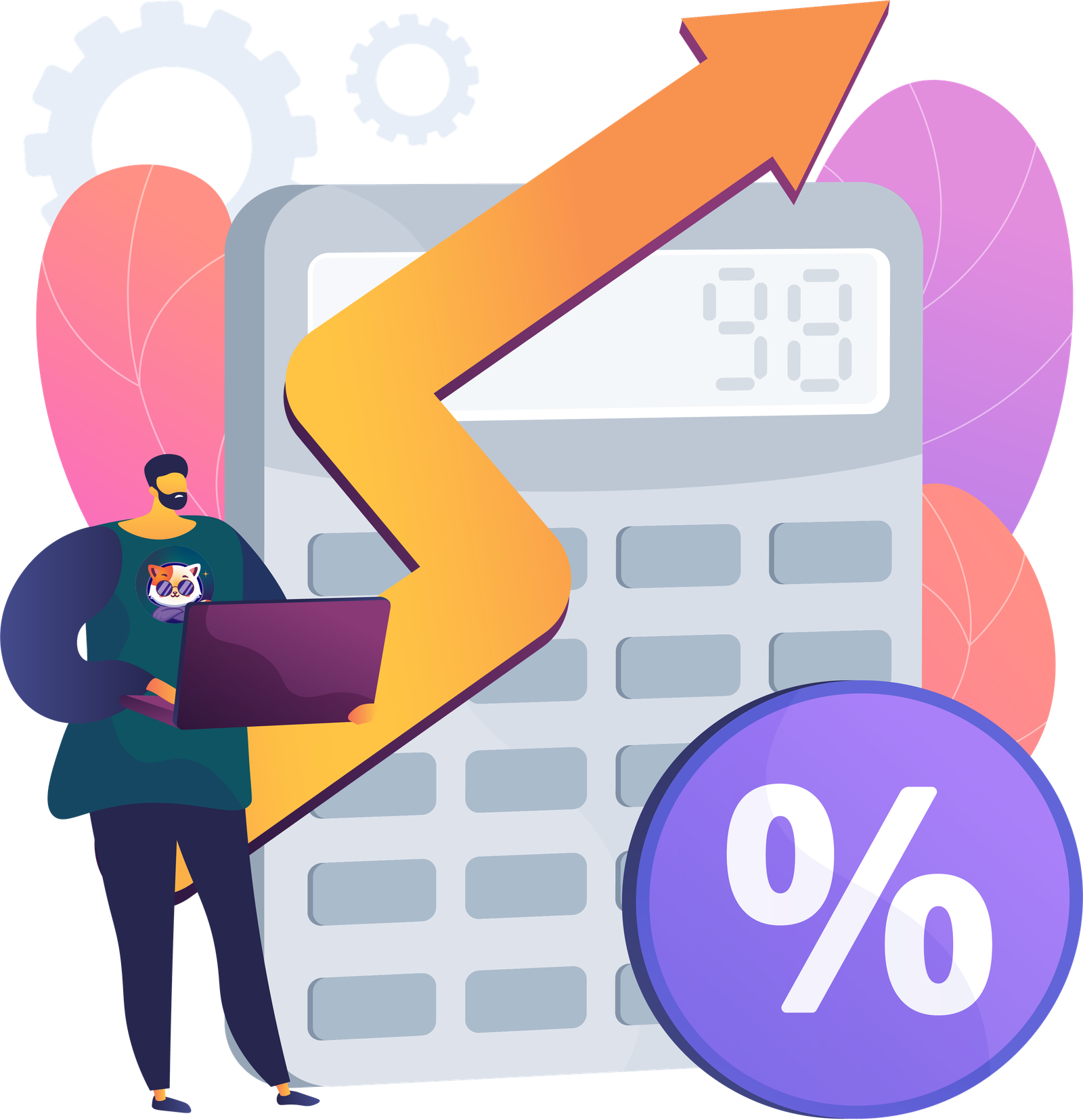 Illustration of a person using a percentage calculator with a per cent symbol, representing online math tools and calculators by Math Angel.