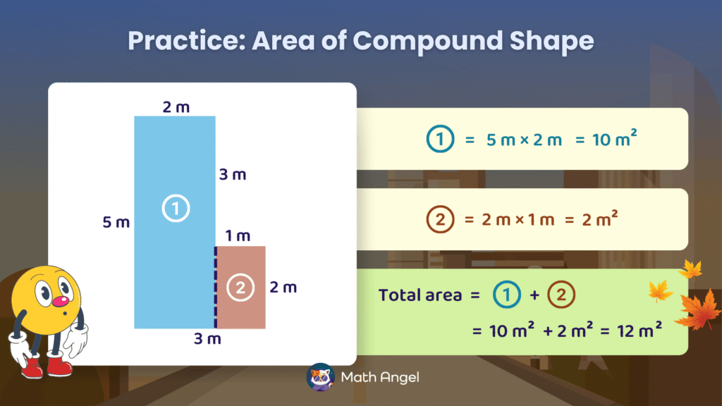 Diagram showing the area of a compound shape made of two rectangles with dimensions and steps for calculating total area, totalling 12 square metres.