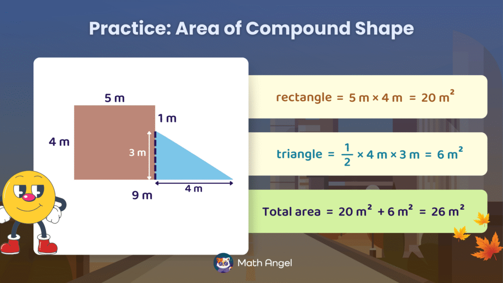 Diagram showing a compound shape composed of a rectangle and a right-angled triangle, with their respective and total areas calculation.